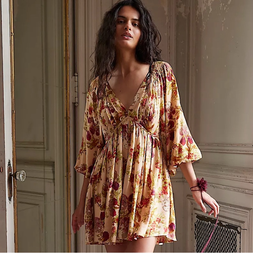 NEW Free People Beck Mini Dress In Warm Tea Combo
